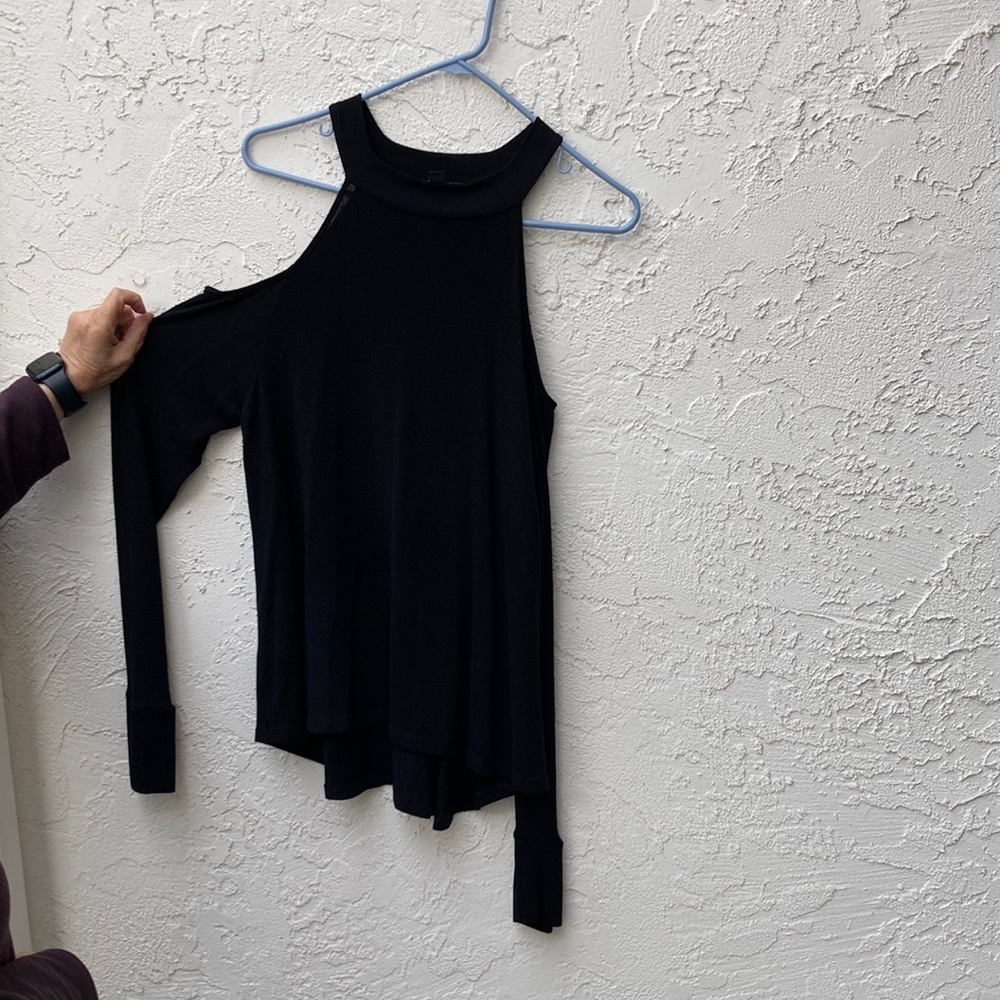 Athena Christina, black sweater cold shoulder long sleeve.